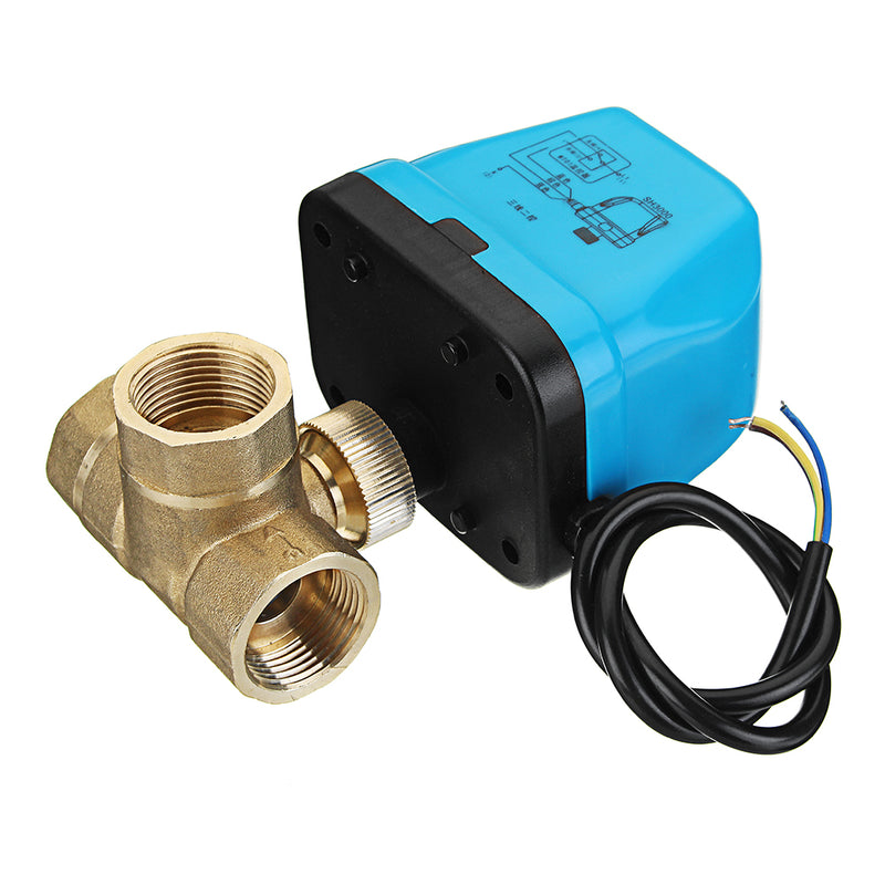 TMOK 1/2" 3/4" 1" Blue Shell 3 Way Motorized Electric Brass T Ball Valve 3 Wire AC 220V Full Port