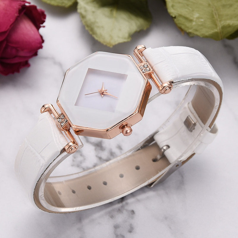 Fahion Diamond Mirror Watch Ladies Dress Ultra-thin Leather Women Quartz Watch
