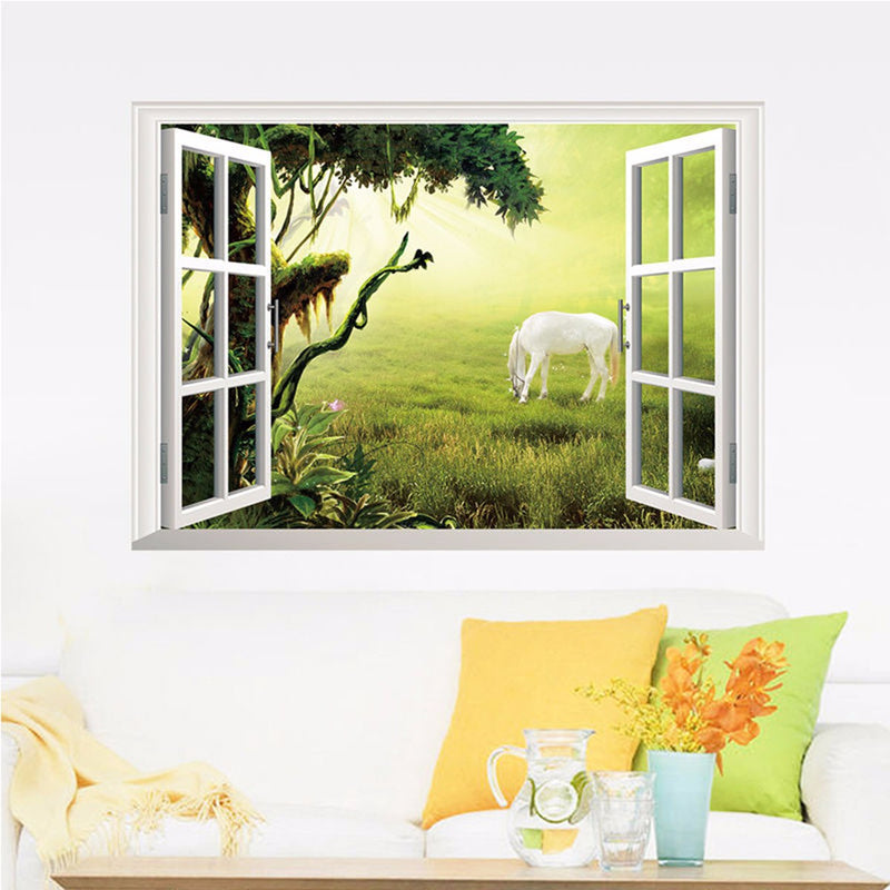 3D Grassland White Horse Scenery False Window PVC Decal Wall Sticker Muarl Home Room Decor