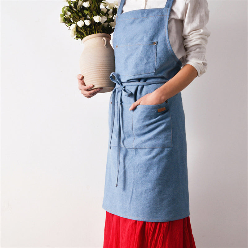 Unisex Adjustable Denim Canvas Chef Denim Bib Aprons with Convenient Pockets BBQ