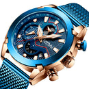CRRJU 2219 Men Chronograph Luminous Display Full Steel Strap Fashion Blue Dial Quartz Watch