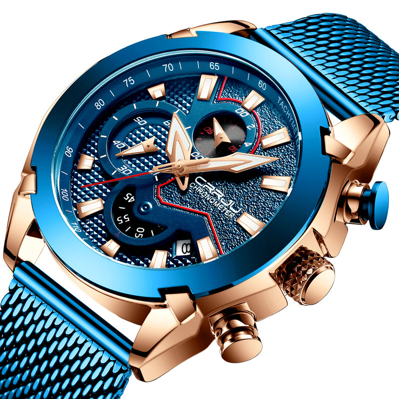 CRRJU 2219 Men Chronograph Luminous Display Full Steel Strap Fashion Blue Dial Quartz Watch