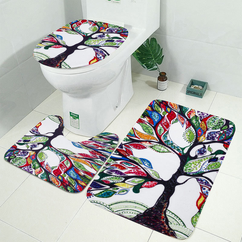 Tree Pattern Prints Bathroom Shower Curtain Non Slip Toilet Lid Cover Rugs Mat