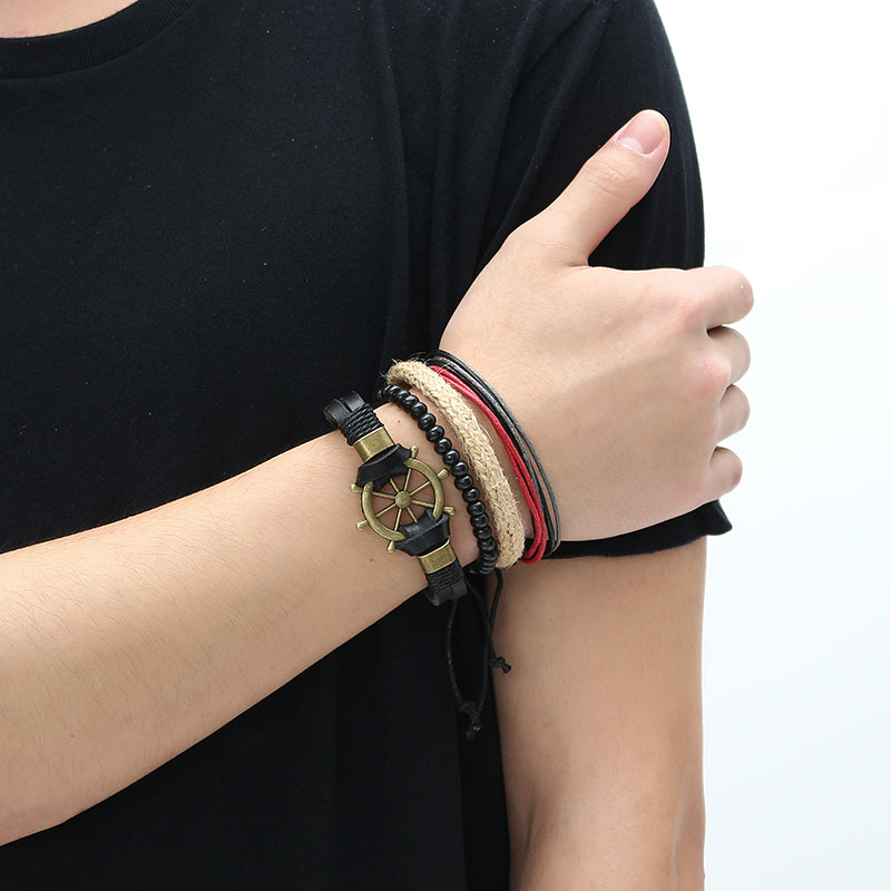 Punk Multilayer Hand Woven Bracelet Rudder Boat Anchor Beaded Bracelet Unisex Wholesale
