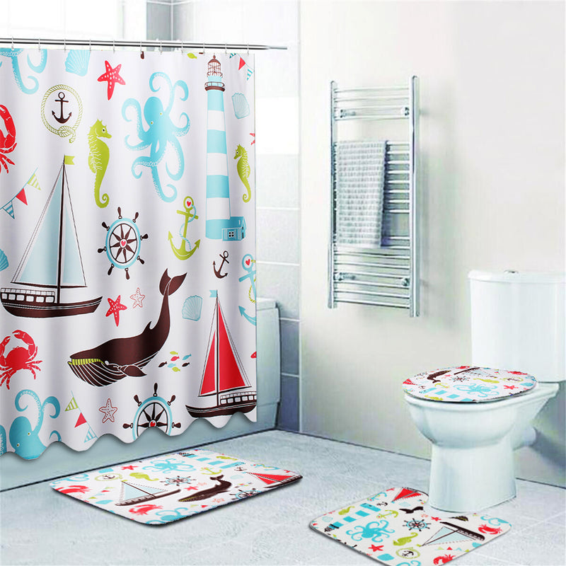 Marine Animal Bathroom Shower Curtain Toilet Cover Bath Mat Non-Slip Rug Set