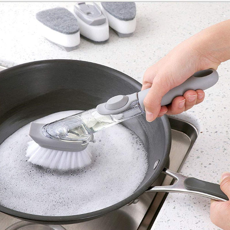Automatic Liquid-filled Sponge Dishwashing Cleaning Brush Handle Pot + 3 Brush Head