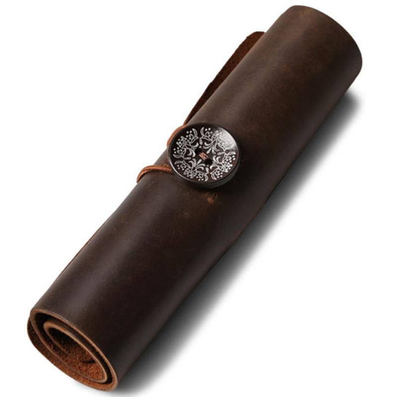 Roll Up Leather Multifunction 6 Holes Headphone Cable Cosmetic Storage Bag Pen Holder Makeup Pouch