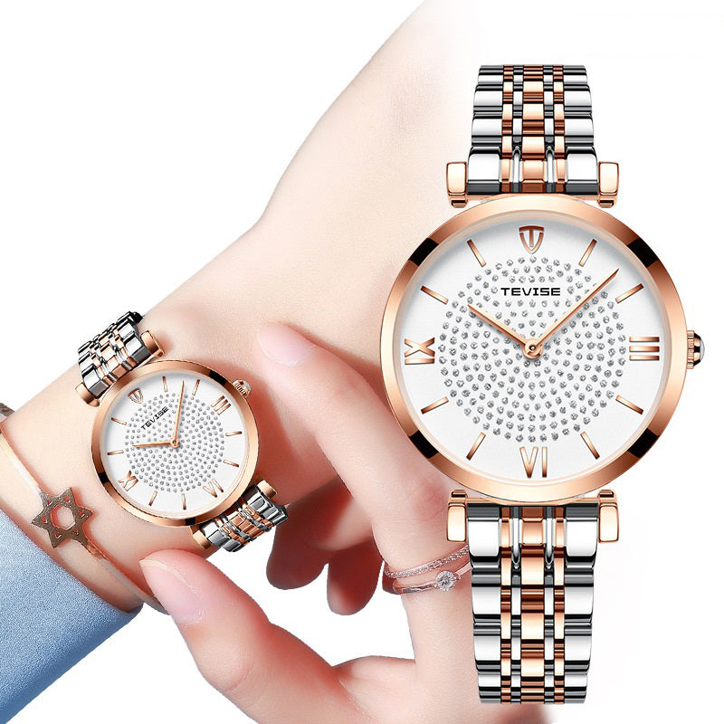 TEVISE T09 Waterproof Simple Style Women Wrist Watch Full Steel Band Quartz Watch