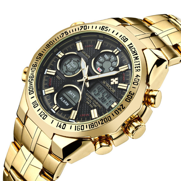 WWOOR 8019 LED Alarm Digital Watch Full Steel Business Style Dual Display Watch