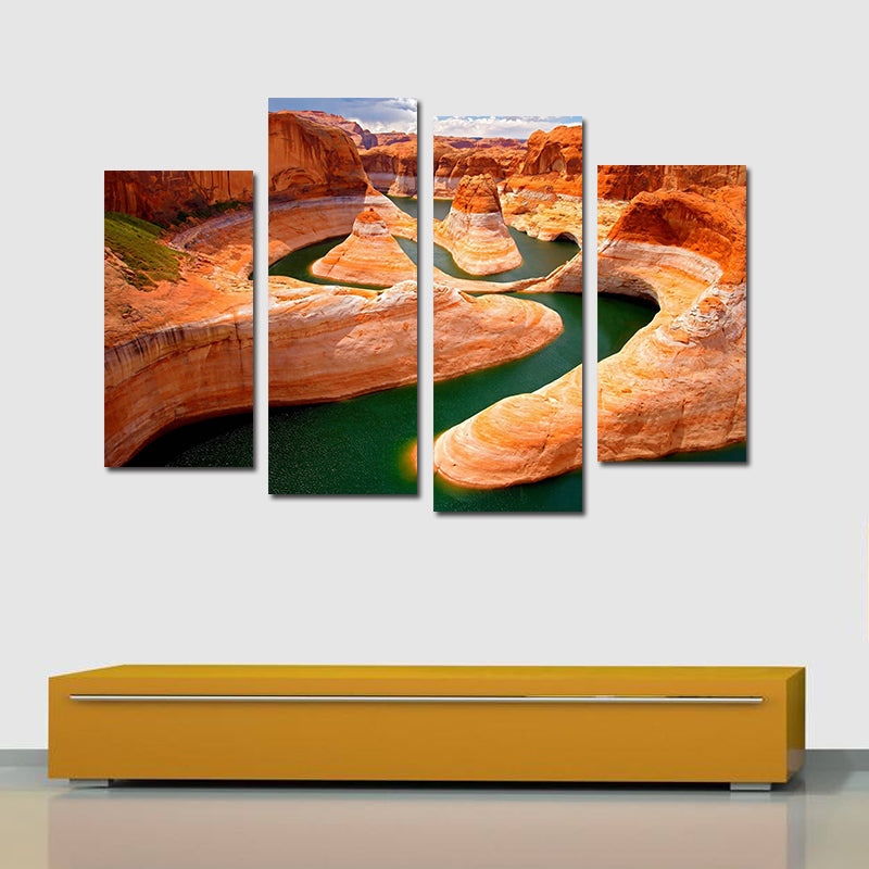 Miico Hand Painted Four Combination Decorative Paintings Canyon River Wall Art For Home Decoration