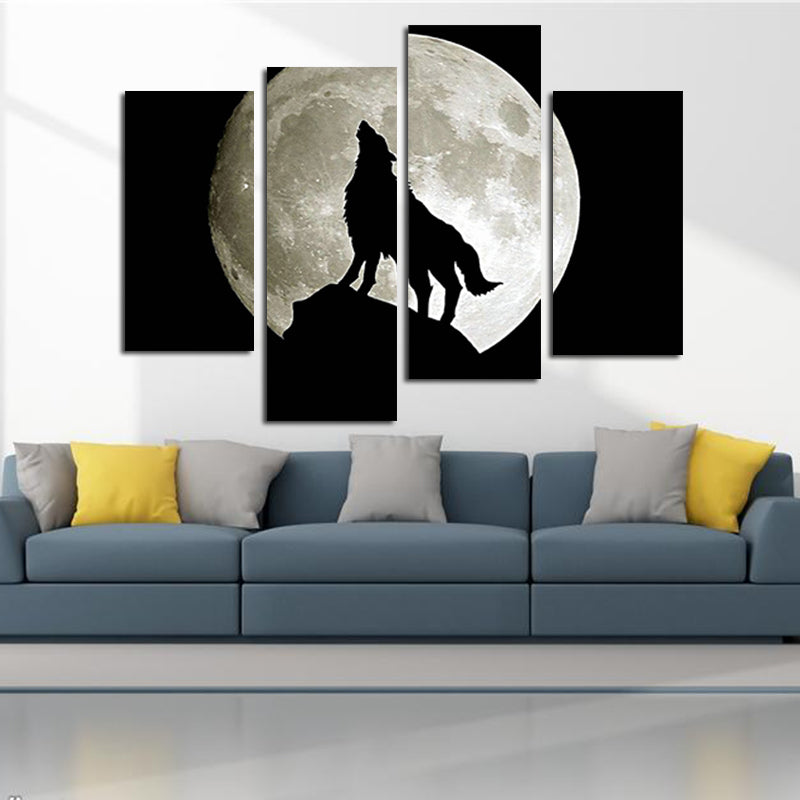 Miico Hand Painted Four Combination Decorative Paintings Full Moon Black Wolf Wall Art For Home Decoration