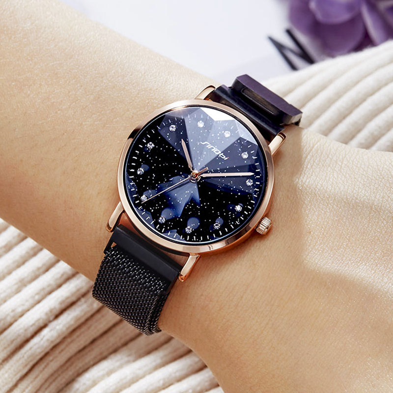 SINOBI 9793 Star Crystal Luxury Petal Shape Cutting Dial Women Full Steel Fashion Quartz Watch