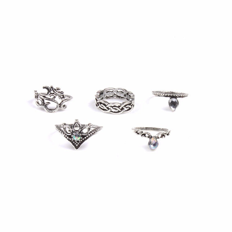 Retro Style Carved Gemstone Ring Set 10 Pieces Sliver Alloy Rings Kit Women's Joint Rings
