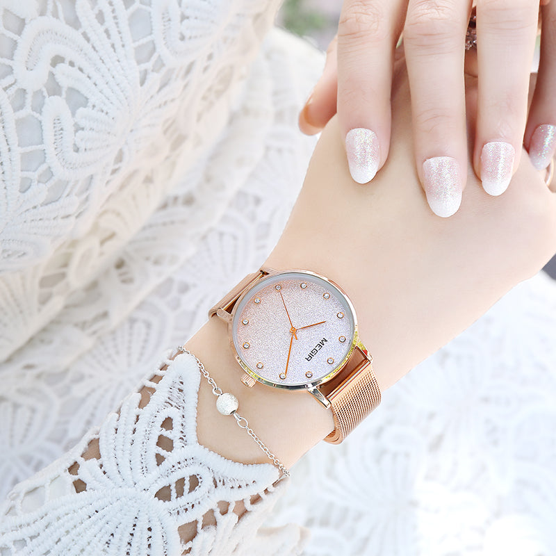 MEGIR 4215 Ultra Thin Simple Design Mesh Steel Strap Women Wristwatch Fashionable Quartz Watch