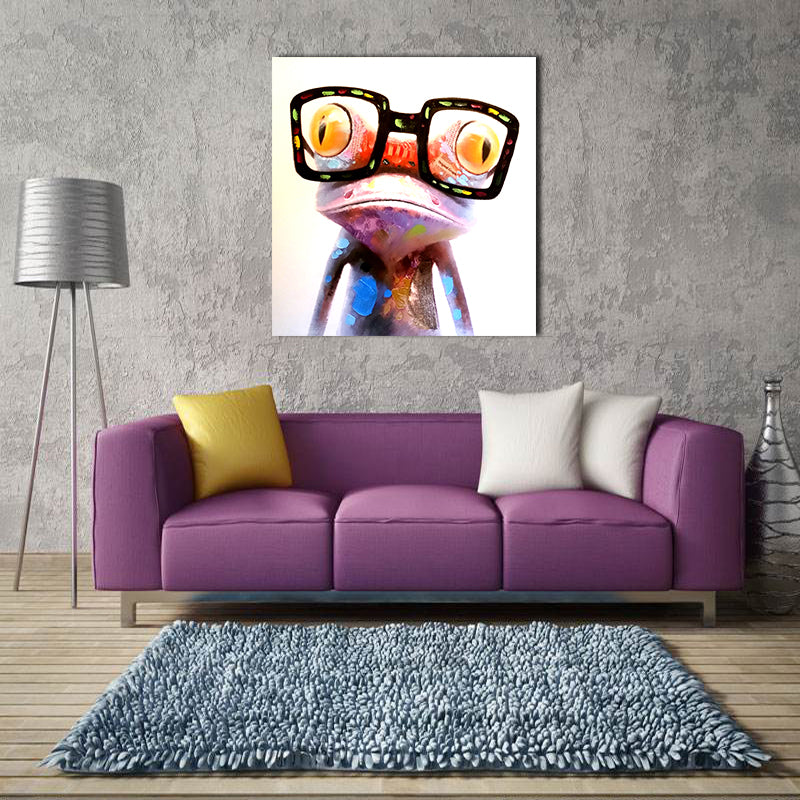 Miico Hand Painted Oil Paintings Animal Modern Art Happy Frog With Glasses On Canvas Wall Art For Home Decoration 20x20cm