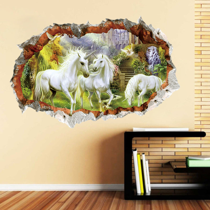 Miico 3D Creative Unicorn Broken Wall Removable Home Room Decorative Wall Decor Sticker
