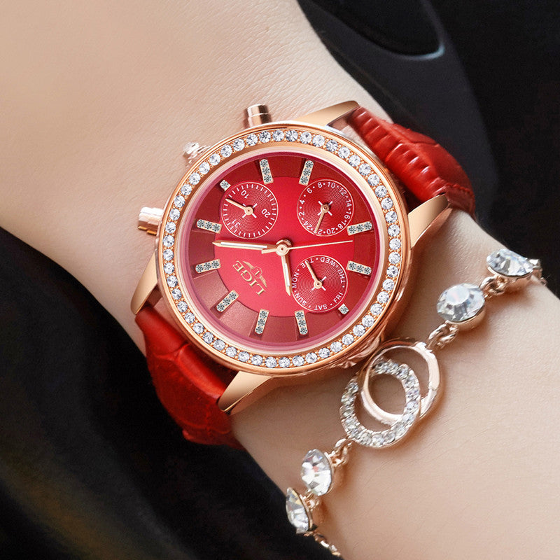 LIGE 9812 Elegant Design Date Display Ladies Wrist Watch Diamonds Leather Band Quartz Watches