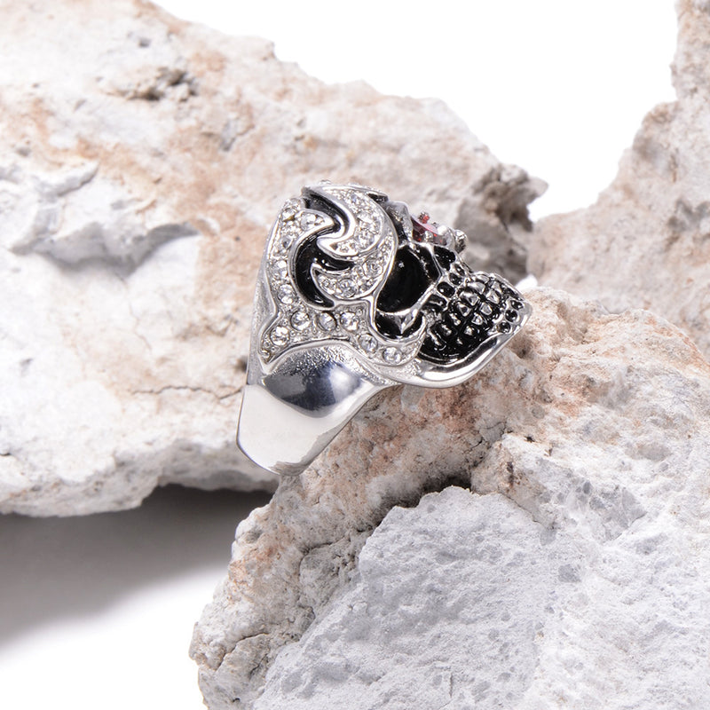 Halloween Fashion Jewelry Stainless Steel Skull Head Zircon Ring for Men