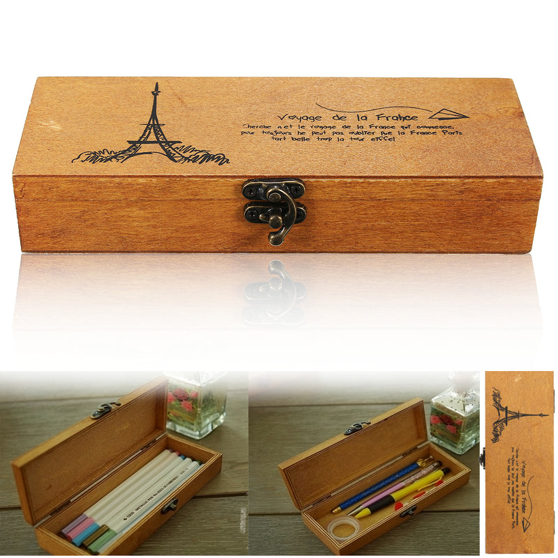 Retro Eiffel Tower Wood Wooden Pencil Pen Case Holder Stationery Storage Box