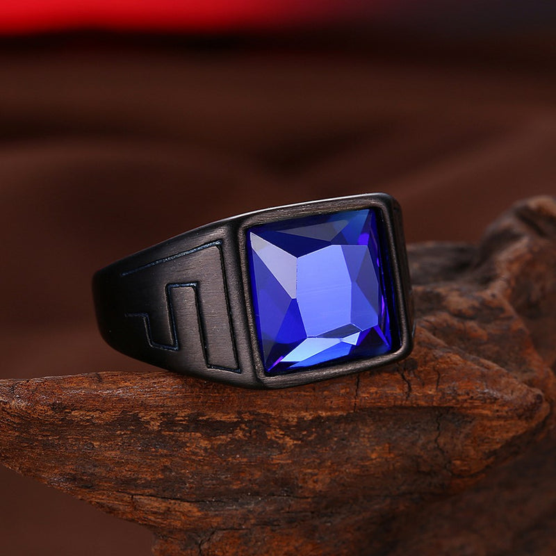 Fashion Titanium Steel Ring Blue Glass Gun Black Plated Ring Wholesale for Men