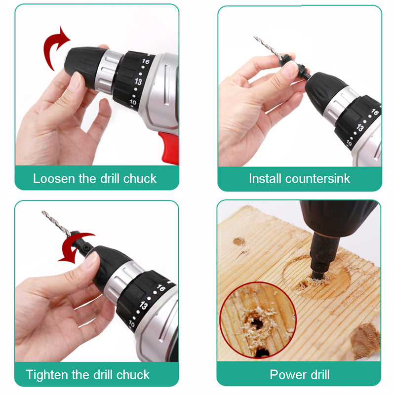 4pcs 6#/8#/10#/12# Hex Shank Carpentry Countersink Drill Bit Set with Wrench Woodworking Tool