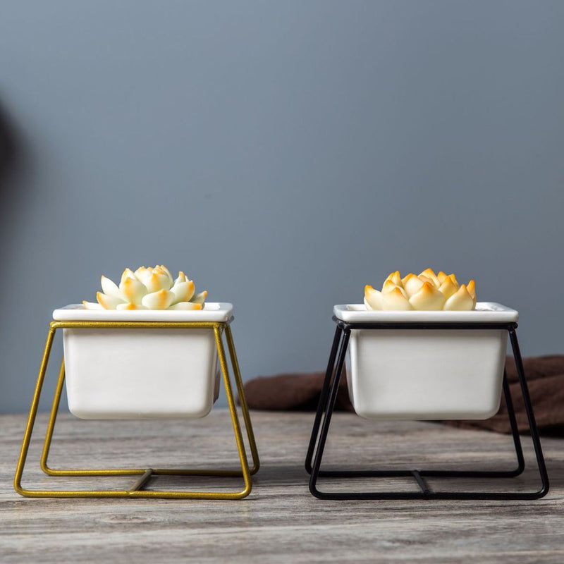 Ceramic Plant Flower Pot Metal Holder Set Geometric Planter Chic Indoor Garden Display Decorations