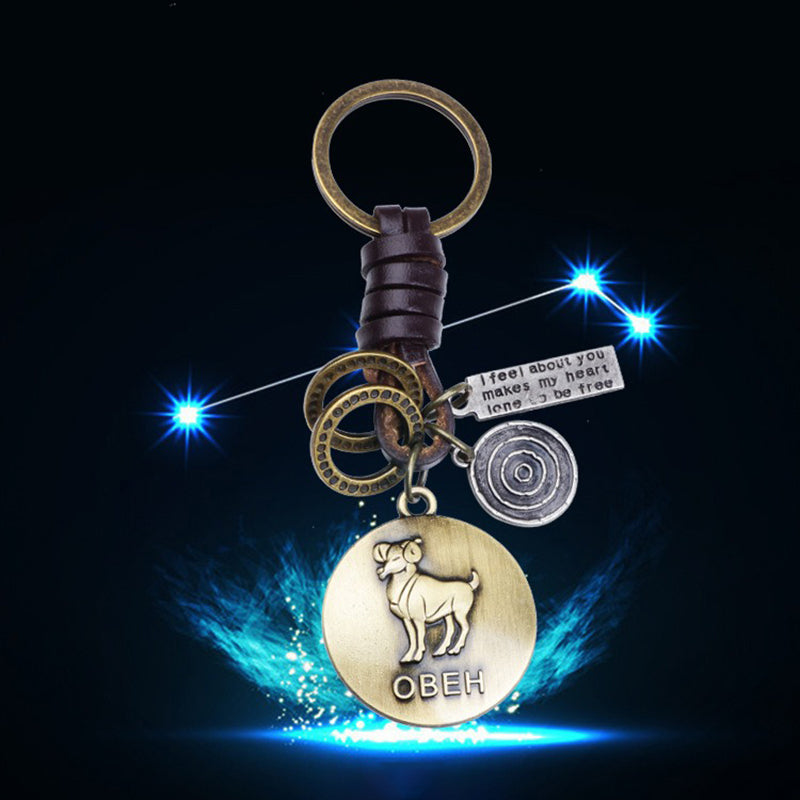 Retro Twelve constellation Woven Keychain Soft Leather Cord Keychain For Men