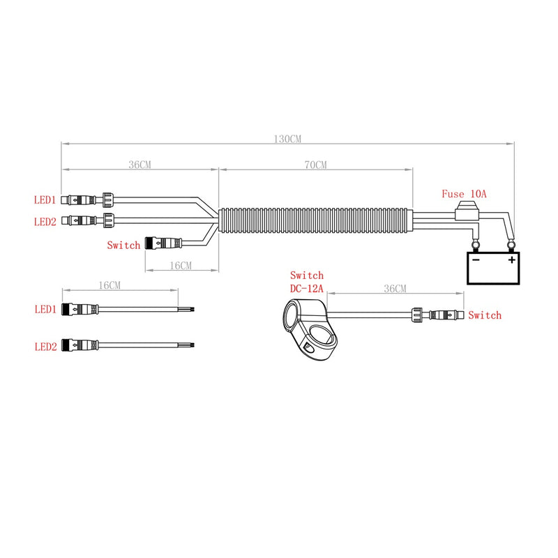 BOSMAA MK2W 12V Motorcycle Led Light Switch Wire Harness ATV Handlebar Fog Spotlight On Off Switch