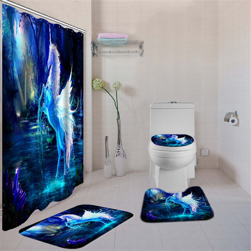 Bathroom Horse Shower Curtain Toilet Cover Mat & Pedestal Rug Mat & Bath Nonslip Mat