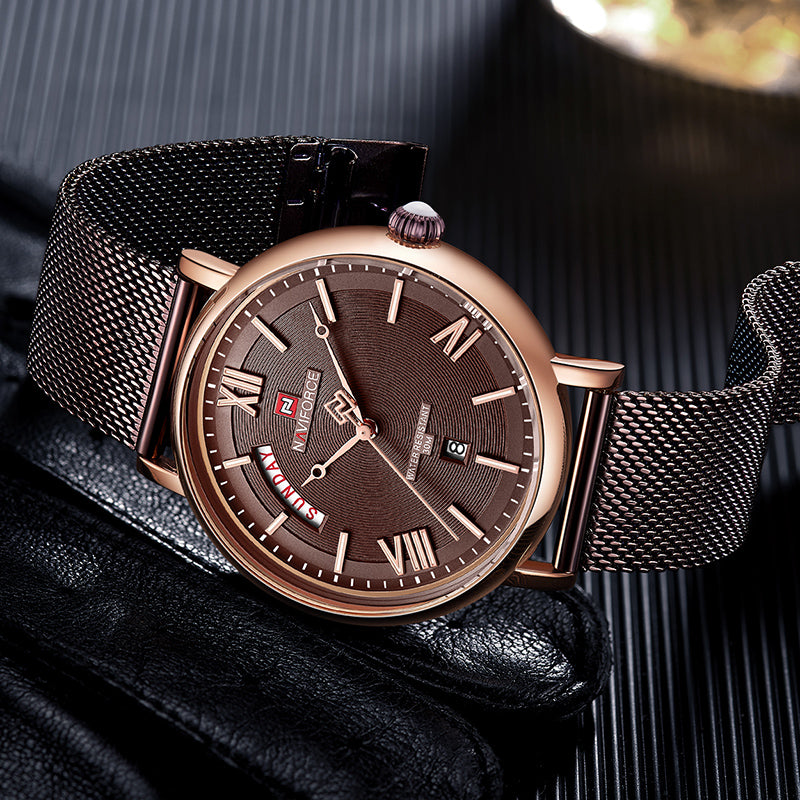NAVIFORCE 3006 Waterproof Calendar Quartz Watch Mesh Steel Business Style Men Wrist Watch