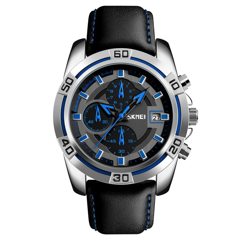 SKMEI 9156 Sport Watch Chronograph Leather Strap Waterproof Men Quartz Wrist Watch