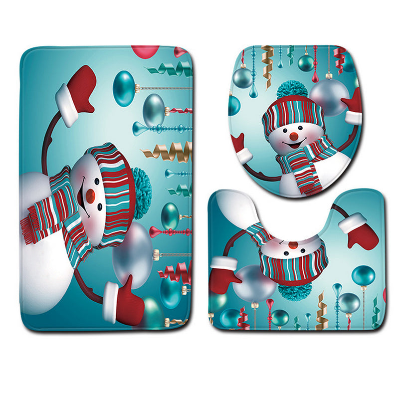4Pcs Christmas Snowman Non-Slip Rug Pad Toilet Cover Bath Mat Shower Curtain Set