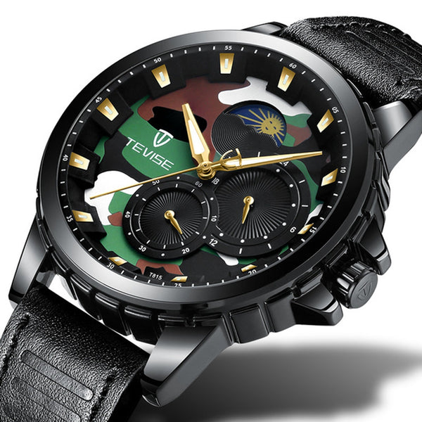 TEVISE T815 Military Style Calendar Automatic Mechanical Watch Leather Strap Men Watch
