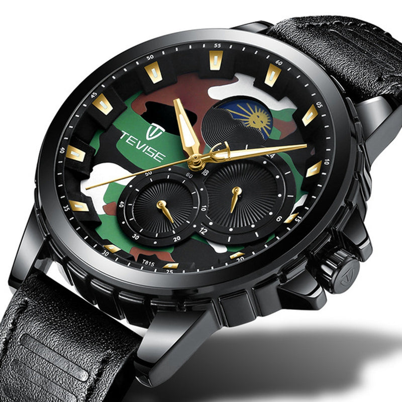 TEVISE T815 Military Style Calendar Automatic Mechanical Watch Leather Strap Men Watch