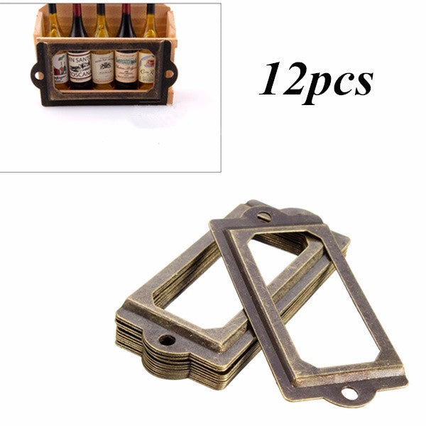 12Pcs Antique Brass Metal Label Pull Frame Handle File Name Card Holder For Furniture Cabinet Drawer Case