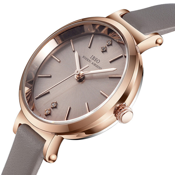 IBSO S8688L Ultra Thin Ladies Wrist Watch Crystal Elegant Design Leather Strap Quartz Watch