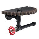 Retro Industrial Iron Pipe Bracket Toilet Paper Holder Roller Wood Gear Mounted Wall Shelf