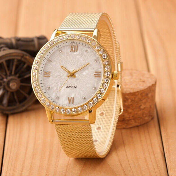 Women Crystals Roman Numeral Alloy Band Watch