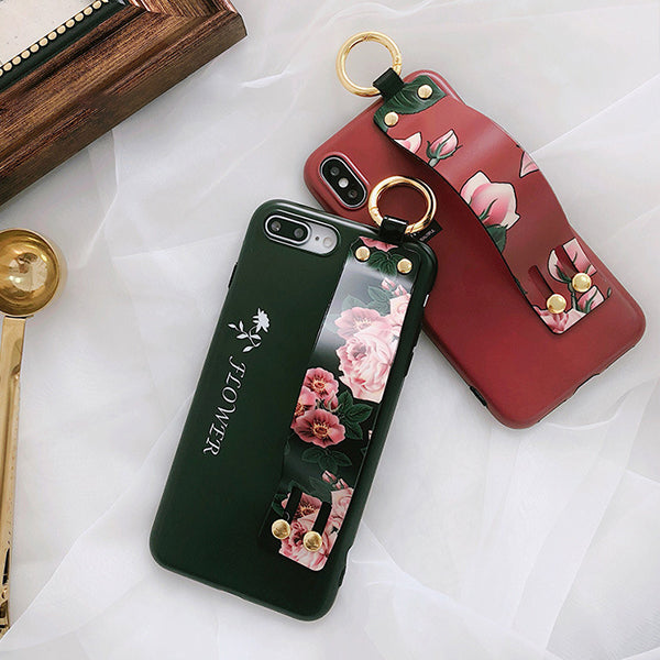 Fashion Flower Pattern Strap Ring Grip Stand Protective Case For iPhone XR/XS/XS Max/X/8/8 Plus/7/7 Plus/6s/6s Plus/6/6 Plus