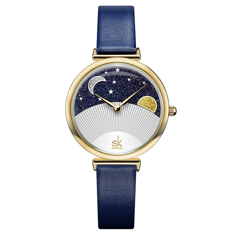 SHENGKE SK K0124 Starry Sky Good Night Stars Moon and Sun Patterns Fashion Women Leather Strap Quartz Watch
