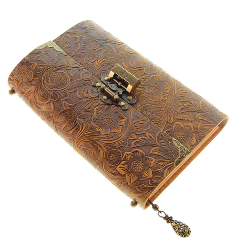 Embossed Pattern Soft Leather Travel Notebook with lock and Key Diary Notepad Kraft Paper for Business Sketching & Writing