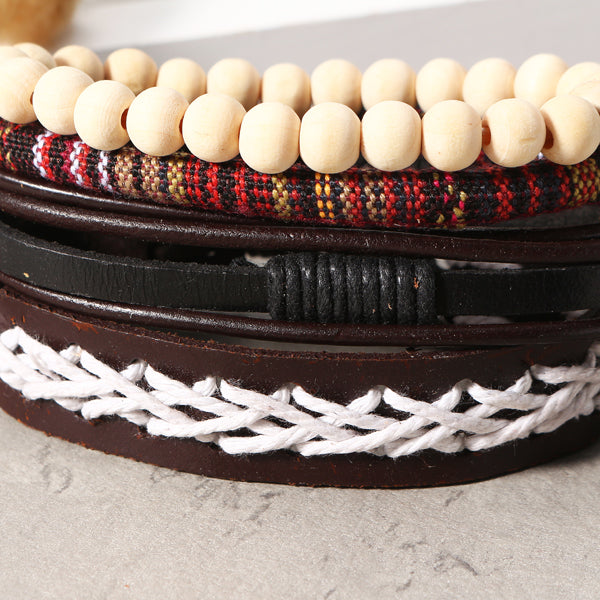 Punk Braided Leather Bracelet Adjustable White Beaded Bracelet for Men