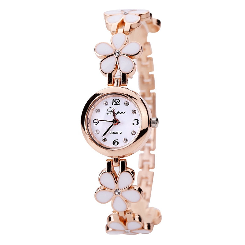 LVPAI XR694 Rose Gold Case Ladies Watch 3D Flower Quartz Bracelet Watch