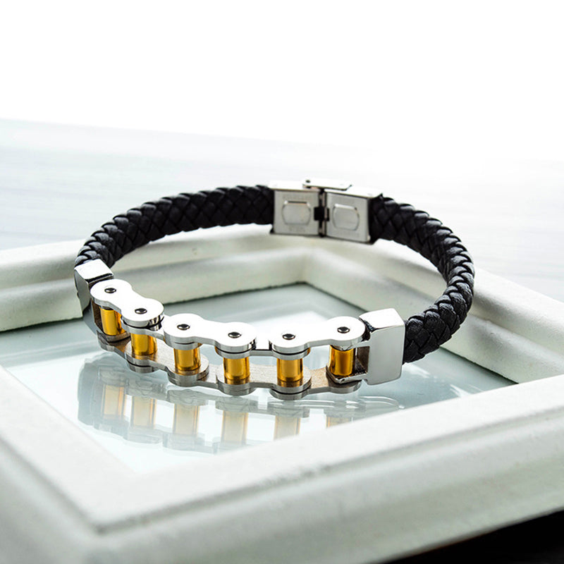 Leather Rope Woven Leather Stainless Steel Locomotive Chain Bracelet