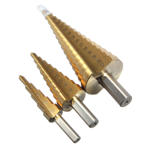 3pcs 4-12/20/32mm HSS Titanium Coated Step Drill Bit Hex Shank Hole Cutter