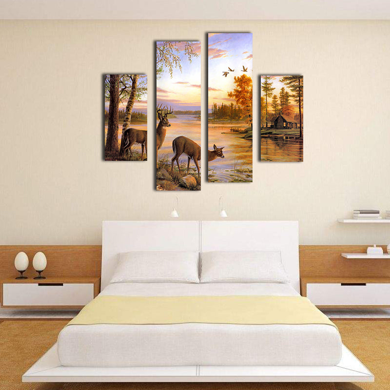 Miico Hand Painted Four Combination Decorative Paintings Lakeside Scenery Wall Art For Home Decoration