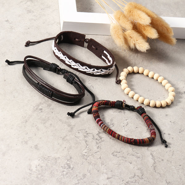 Punk Braided Leather Bracelet Adjustable White Beaded Bracelet for Men