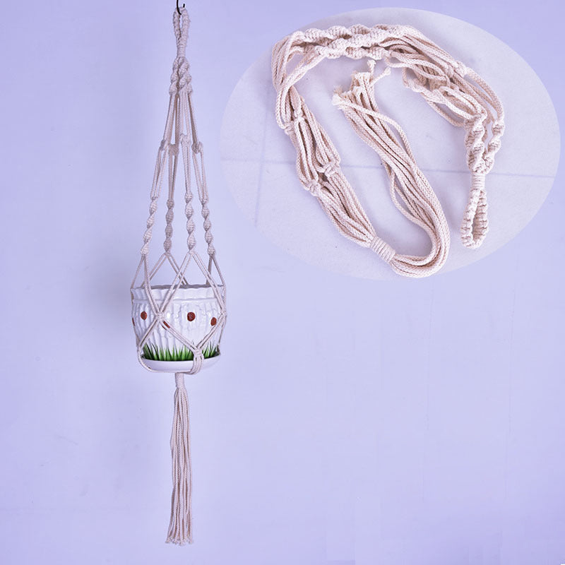 4 Legs Handmade Crude Cotton Flower Pot Decorations Hanging Basket Plant Hanger Rope with Iron Coils