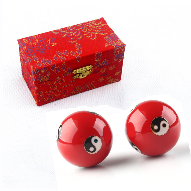 Chinese Cloisonne Baoding Balls Health Exercise Relaxation Therapy Stress Ying Yang Red Fitness Ball