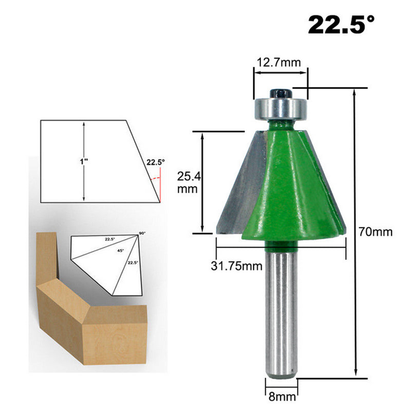 11.25/15/22.5/30/45 8mm Shank Tenon Router Bit Woodworking Trimming Tool